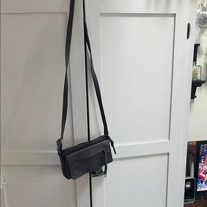 Classic Black Leather Crossbody Bag with Front Zip Pocket